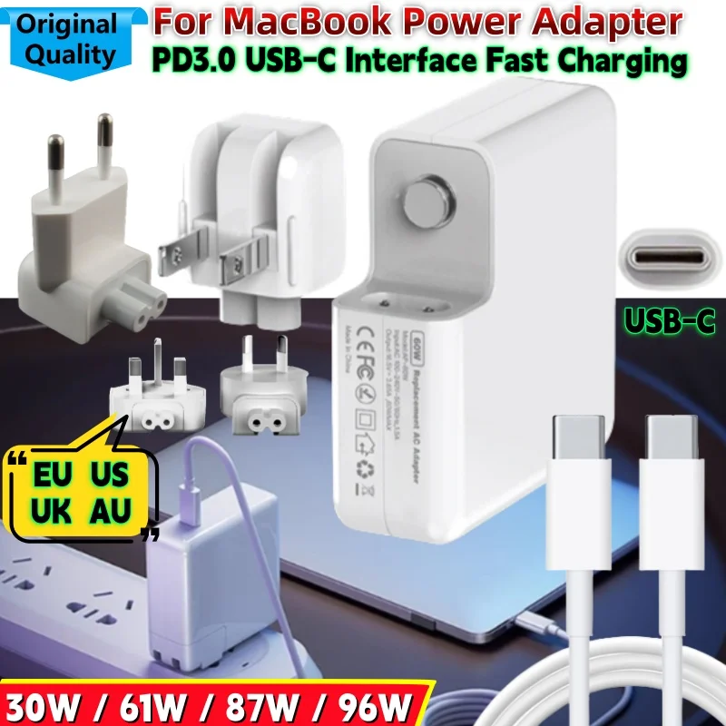 

30W 61W 87W 96W 118W USB-C Laptop Power Adapter Type-C PD3.0 Fast Charger For Macbook Air/Pro 12-16" A2141 A1707 A2289 Charging