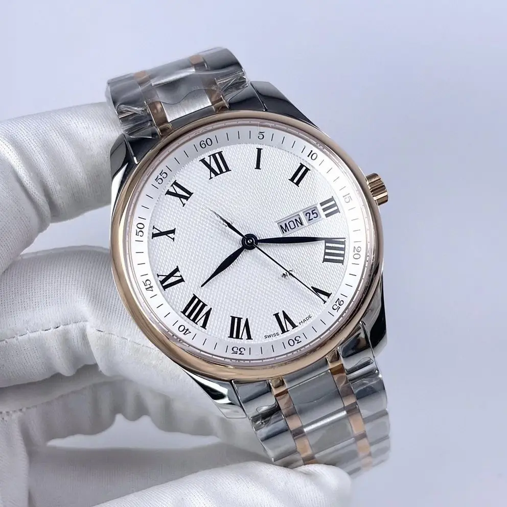 Montre à quartz pour femme avec cadran blanc classique, chiffres romains, bracelet en acier inoxydable bicolore, montre-bracelet décontractée pour le travail