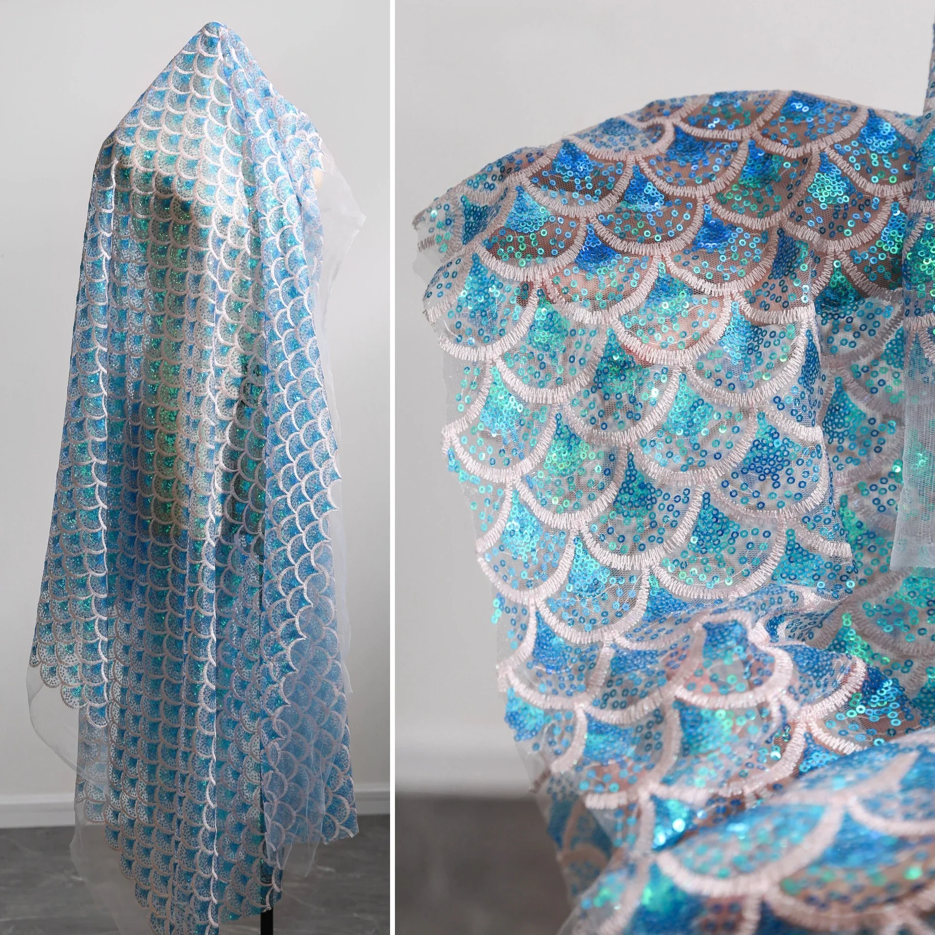 

Sparkling Ocean Fish Scale Gradient Laser Embroidery Mesh Fabric DIY Skirt Performance Costume Design Sewing Fabric