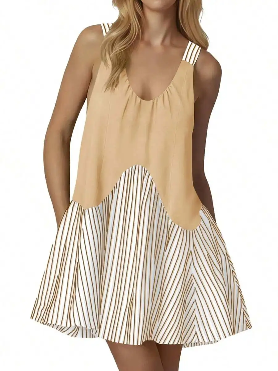 

Women Sleeveless V Neck Striped Patchwork A Line Mini Dress With Pockets