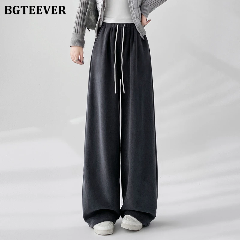 BGTEEVER Casual Thicken Velvet Warm Loose Female Floor-Length Straight Pants Winter High Waist Lace-up Women Wide Leg Trousers