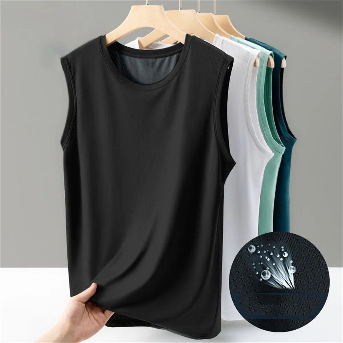 Men\'s solid color casual sleeveless tank top round neck Breathable Vest sweat drying tank top suitable for summer sports