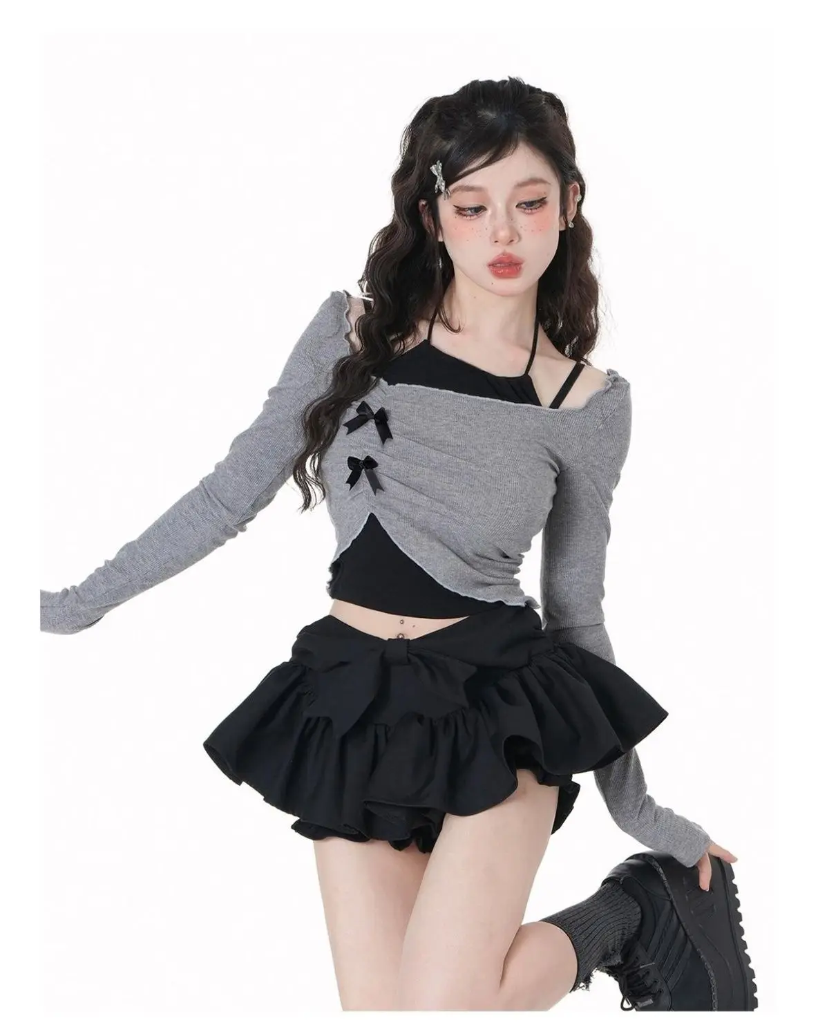 Mini Skirt and Halter Top Woman Y2K Matching Sets Spring Summer Sets Woman Gyaru Long Sleeve Sexy Crop T-Shirts Korean Fashion