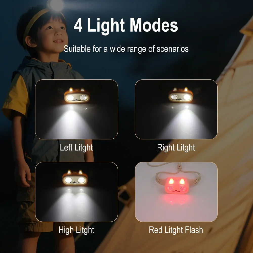 BORUIT Kids Headlamp Cute Cat Silicone Children Head Light Type-C Rechargeable LED Camping Reading Gift For Boys Girls Toddler