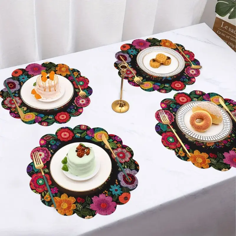 VIKAMA Boho Embroidered Floral Placemat Black Canvas Colorful Peony Daisy Folk Art Scalloped Edge Dining Table Mat Ethnic Decor