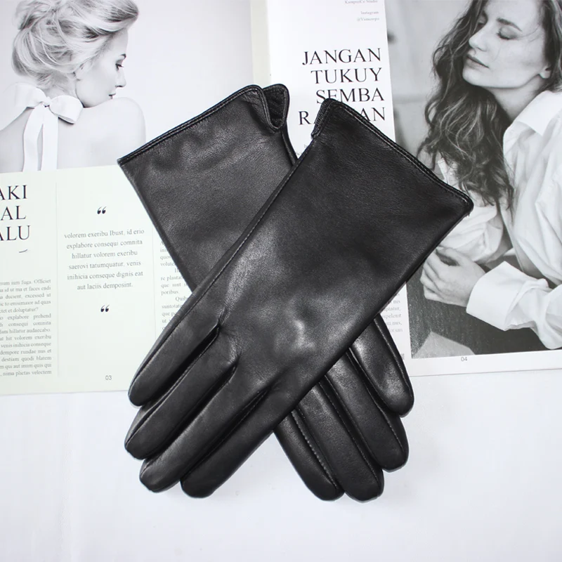 New Ladies Sheepskin Gloves Outdoor Riding Solid Color Thin Single Leather Unlined Black Silk Lining Driving Gloves