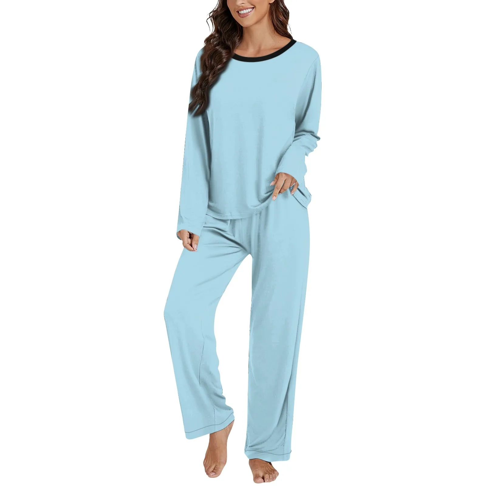 Women Home 2 Piece Set Long Sleeve Round Neck Loose Pullover Tops Straight Wide Leg Pants Outfits Matching Pajamas Sets Solid