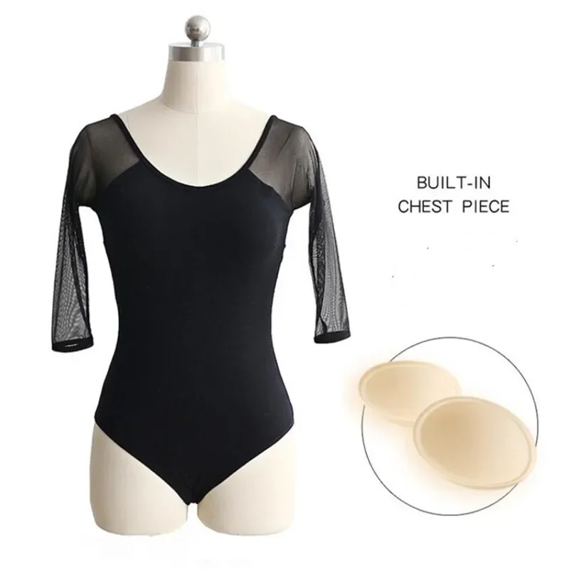 Women Ballet Dance Leotard 3/4 Sleeve With Removable Pad Sexy Mesh V-Neck Bodysuit Black Plus Size