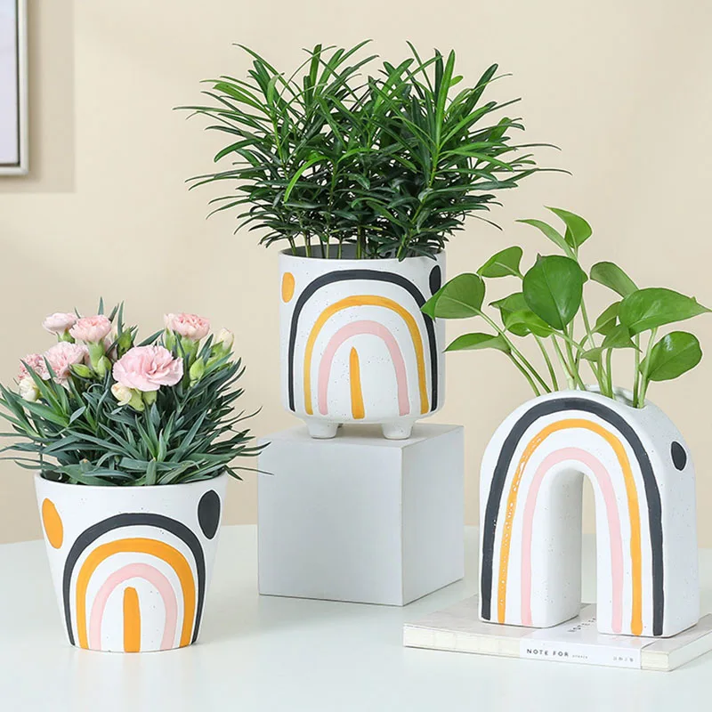 

Ins Modern Line Design Succulent Ceramic Flower Vase Fashion Plant Pot Container Art Ornament Home Gardening