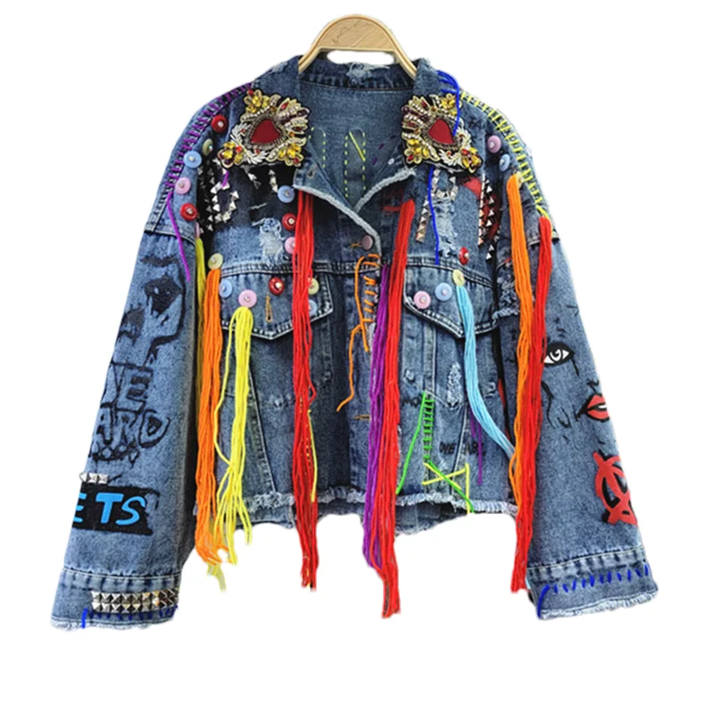 

Fashion Rivet Letter Graffiti Print Denim Jacket Women Cowboy Outerwear Loose Short Holes Pocket Hem Frayed Denim Jacket Female