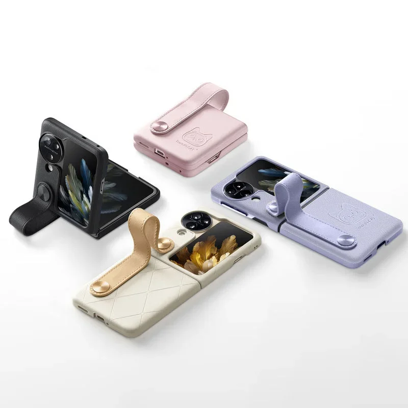 

Для Oppo Find N3 флип-чехол с ремешком на руку, складной веганский кожаный чехол-книжка с хорошим ручкой и подставкой