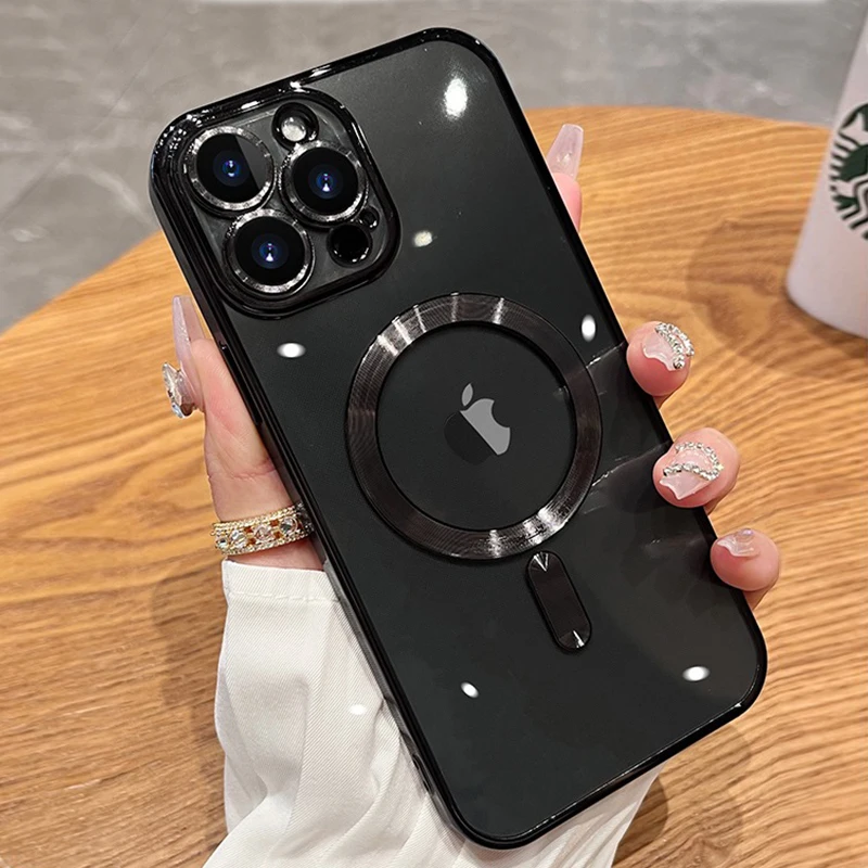Luxury Plating Clear Magnetic For Magsafe Charging Case For iPhone XR X Xs like 15 14 13 12 11 Pro Max Diy Shiny Silicone Cover