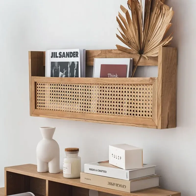 

Rattan solid wood wall hanging magazine bookshelf Japanese style bedroom living room wall