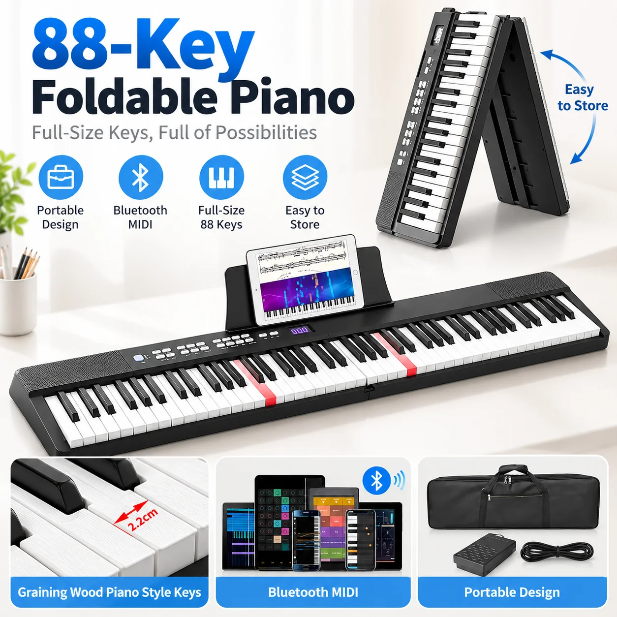 88‑Key Foldable Digital Piano, Bluetooth MIDI Portable Electronic Keyboard Synthesizer for Adults Beginners