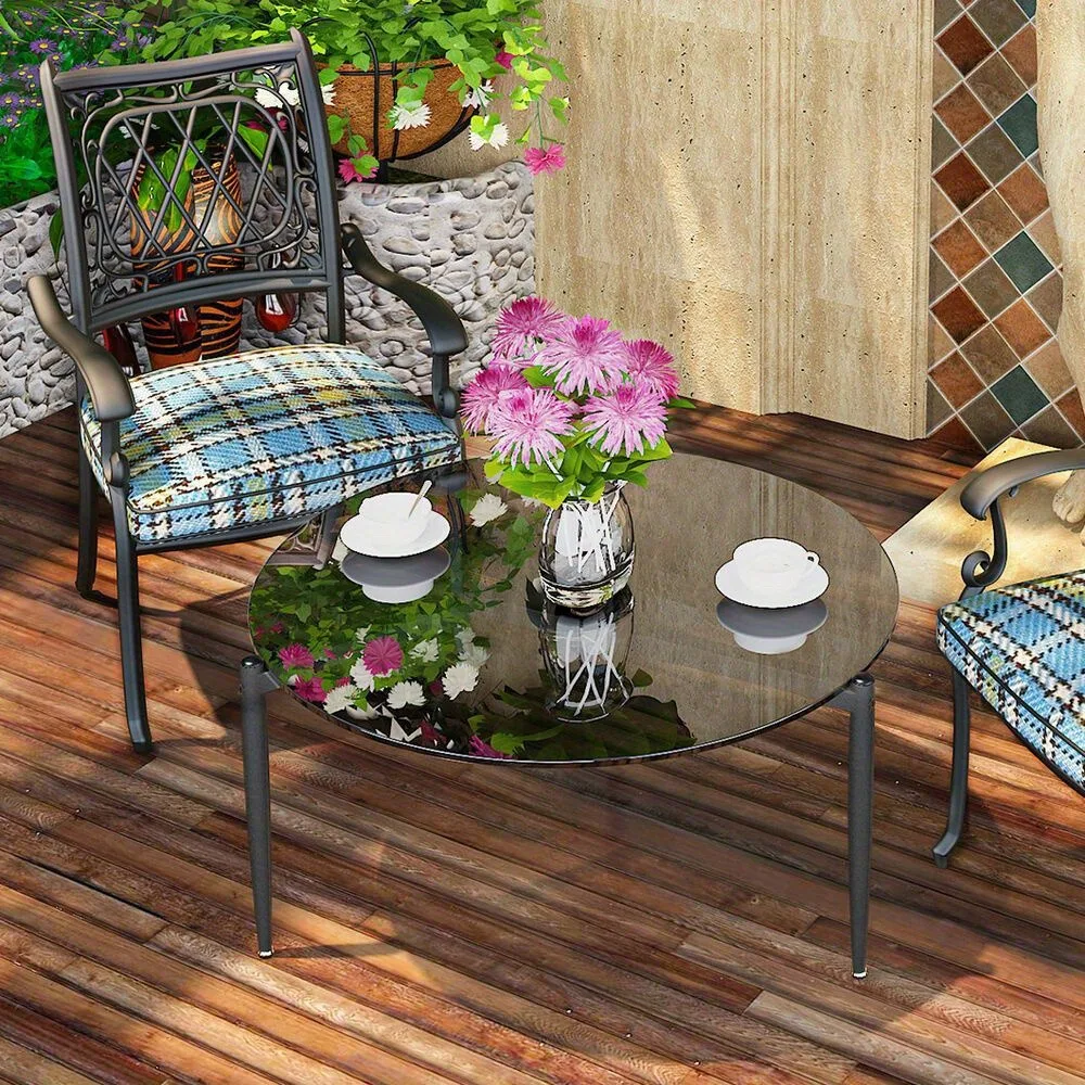 Mid Century Round Glass Coffee Table Center Table w/ Chic Clean Line Metal Legs