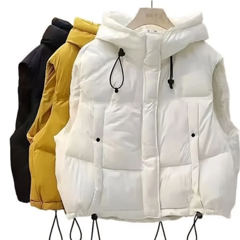 New Winter Hooded Cotton Vest Jacket Women Loose Casual All-match Sleeveless Padded Waistcoat Ladies Warm Outwear Tops Female
