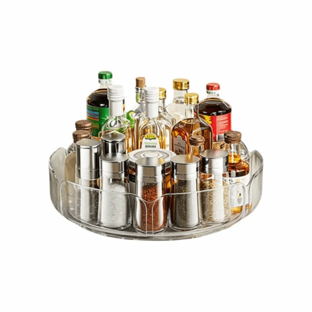 Space-Saving Rotating Storage Rack Clear Multi-functional Kitchen Seasoning Holder Convenient 360° Rotating Turntable Organizer
