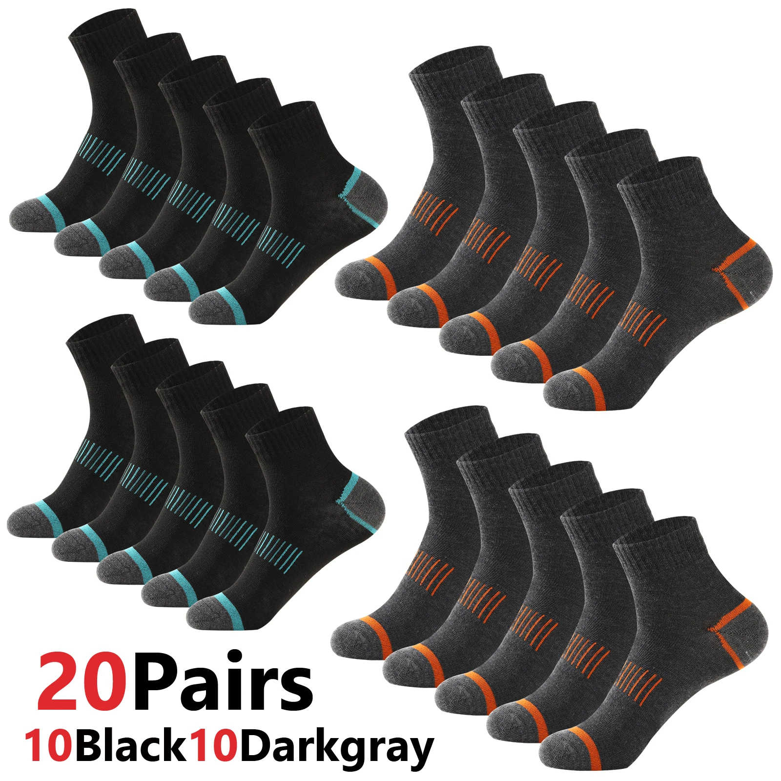 20 Paar Herren-Baumwollsocken-Set in großen Größen 38-45 – Lässige, atmungsaktive Sport- und Wintersocken in Schwarz – Bequeme, hochwertige gepolsterte Crew-Socken