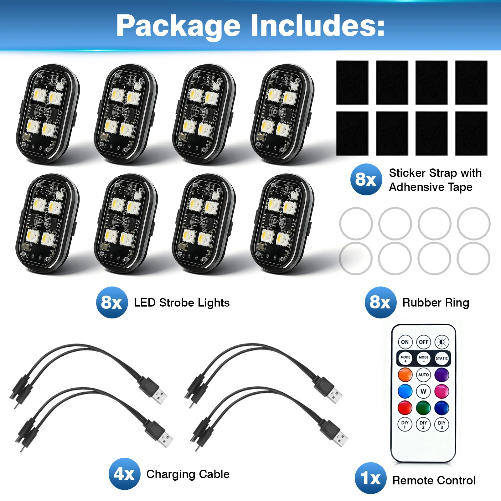 

4/6/8pcs 4 LED Strobe Lights Car LED Light Multifunctional Rechargeable Wireless LED Strobe Light With Remote Decorative Light