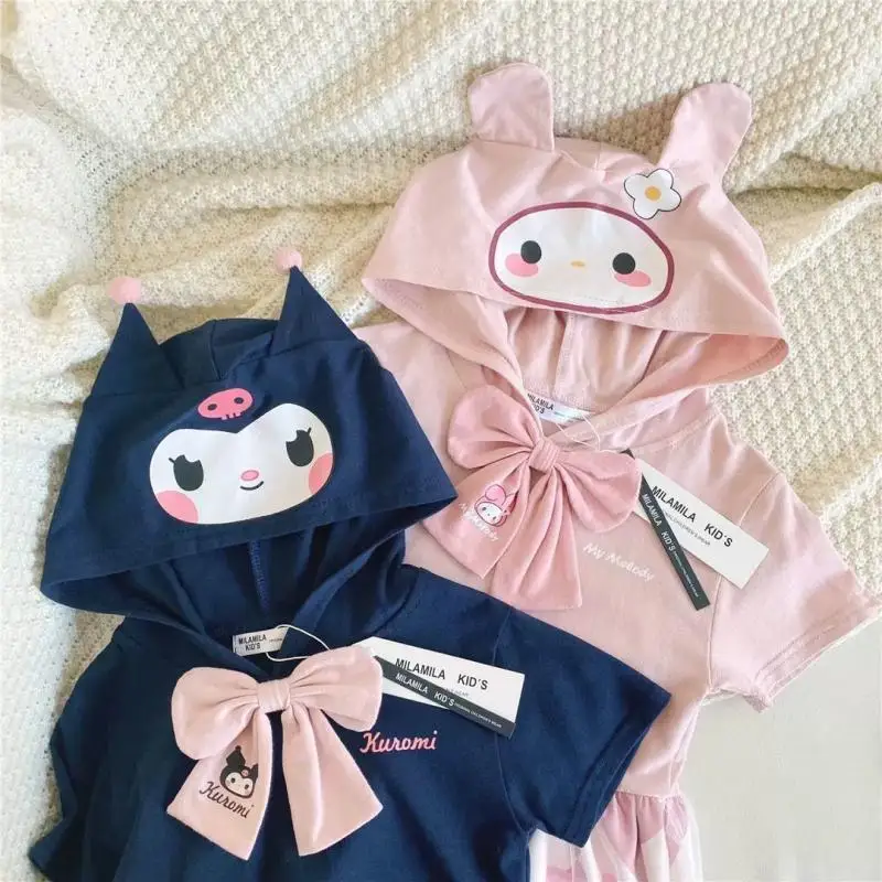 

Sanrio Girls Mesh Princess Dress Kuromi Children Summer Dress My Melody Girls Hooded Short Sleeve New Style Fashion Cute Girls