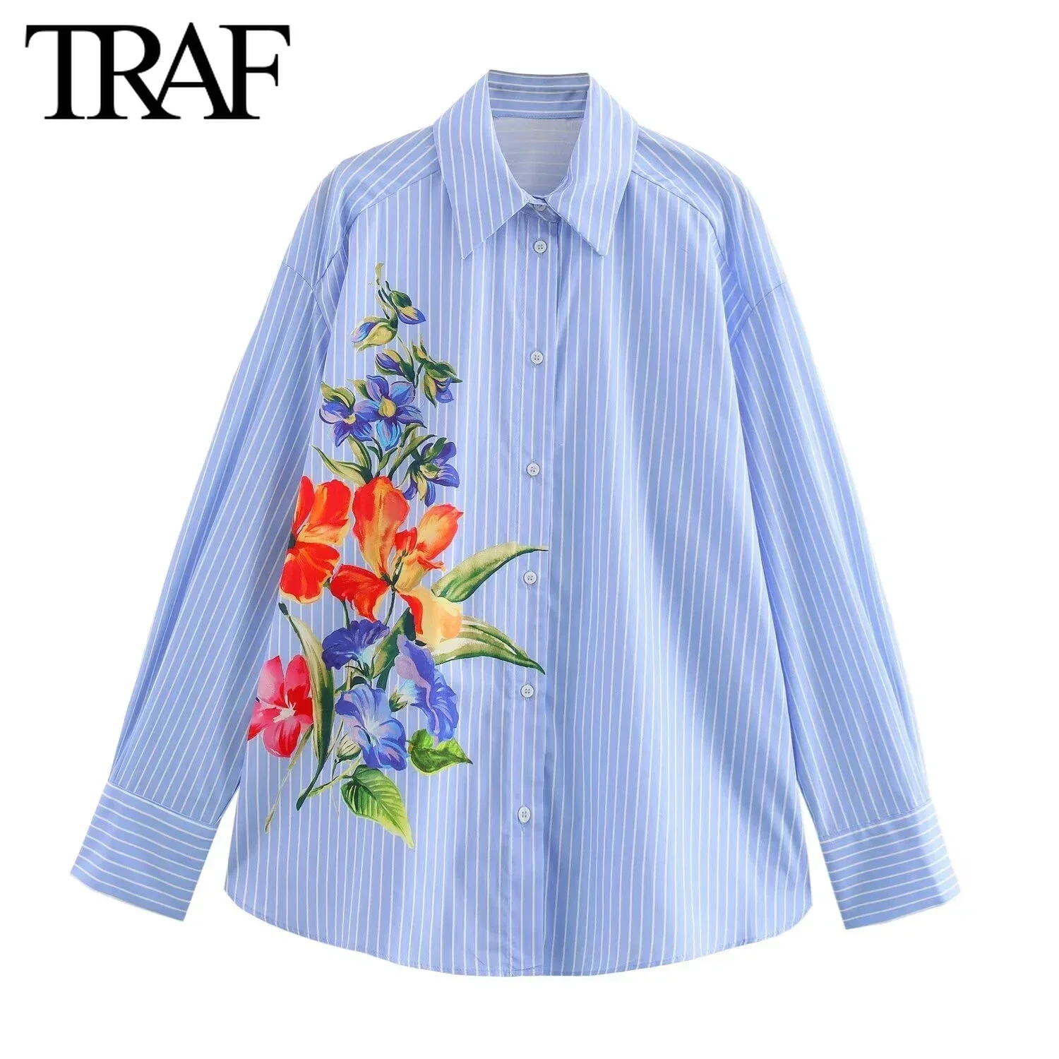 TRAF Women Fashion New Flower Printed Striped Long Sleeve Single Breasted Lapel Blouse Street Clothing Shirt Chic Ladies Top