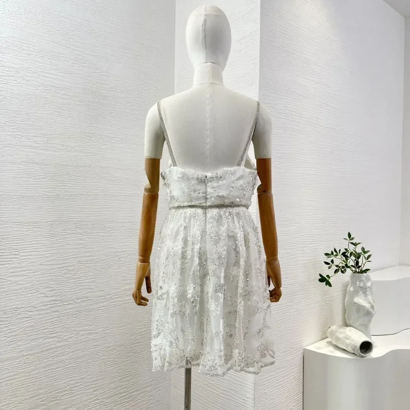 Women's White Embroidery Lace Patchwork Dress Sequined Sling Mini Pleat Dress Elegant Sexy High Quality New 2024