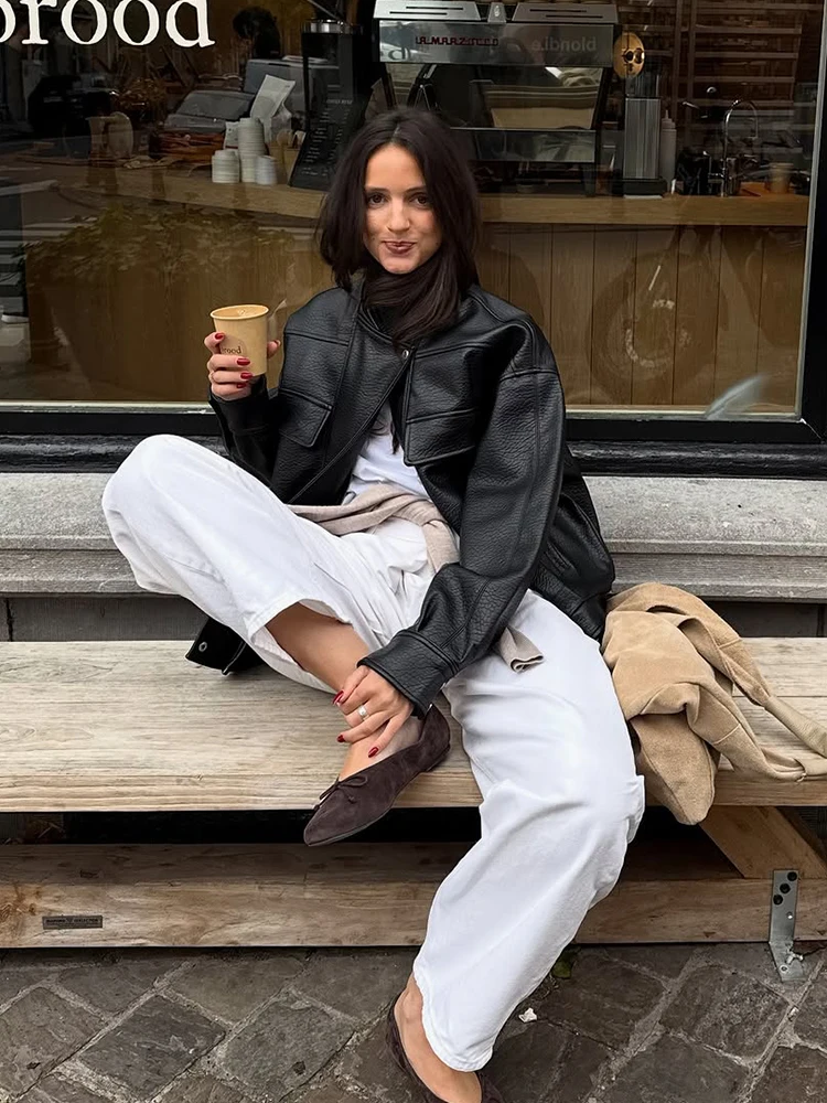 Chaqueta corta de cuero negra Retro para mujer, chaquetas holgadas de manga larga con cuello levantado y cremallera, prendas de vestir para ir al trabajo diario