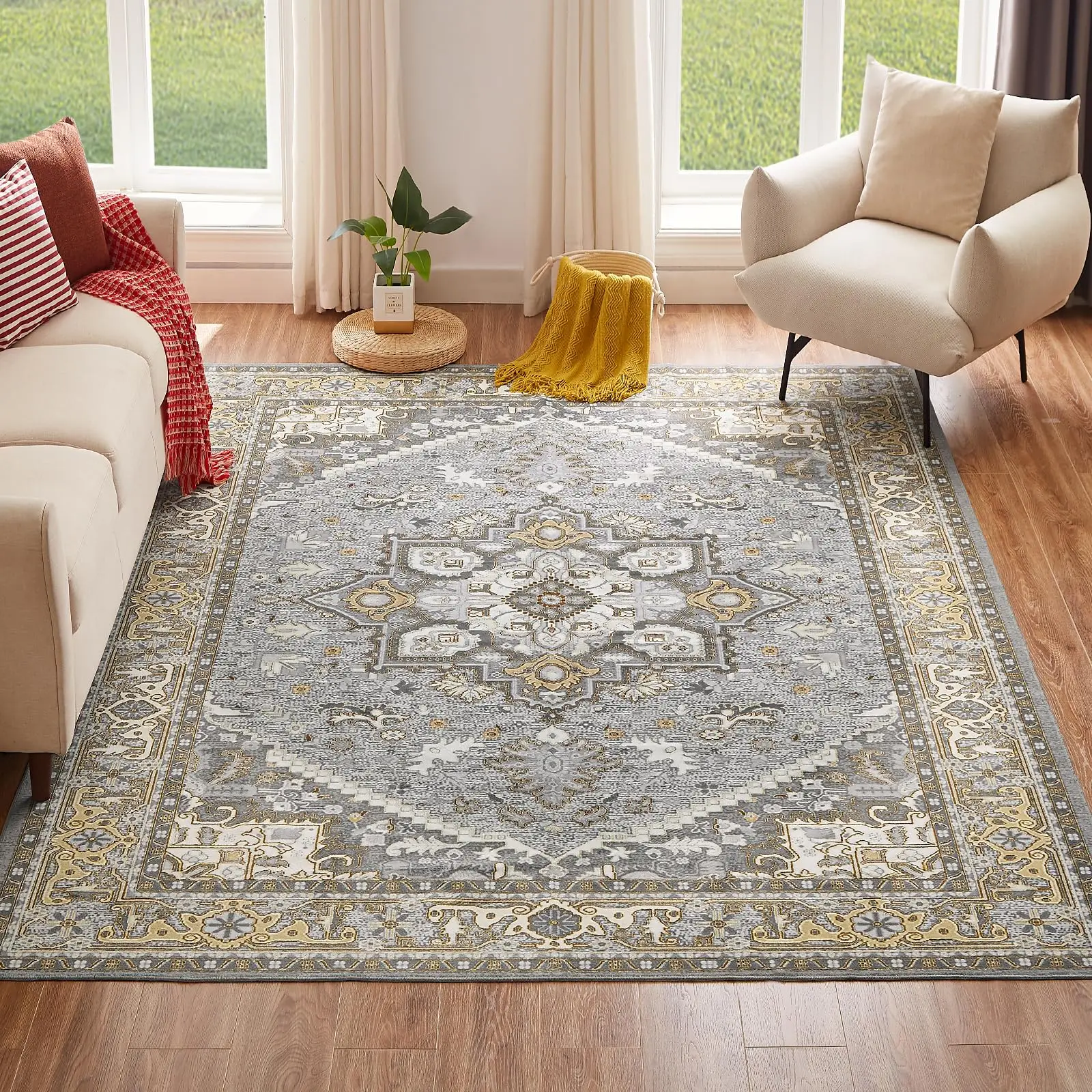 

Machine Washable Rug,with Non Slip Rugs for Living Room Bedroom Traditional Woven Rug Carpet Stain Resistant