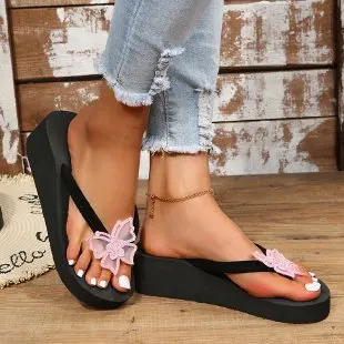 Wedge Women Flip Flops Thick Bottom Summer Fashion Flower Rhinestone Platform Slippers Comfortable Lightweight Beach Sandals