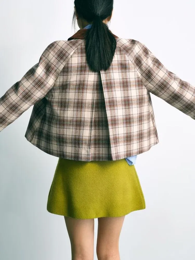 

Spring New Arrival Women's Plaid Print Long Sve Collared Casual Versatile Jaet Outerwear Commute Sle Single Piece