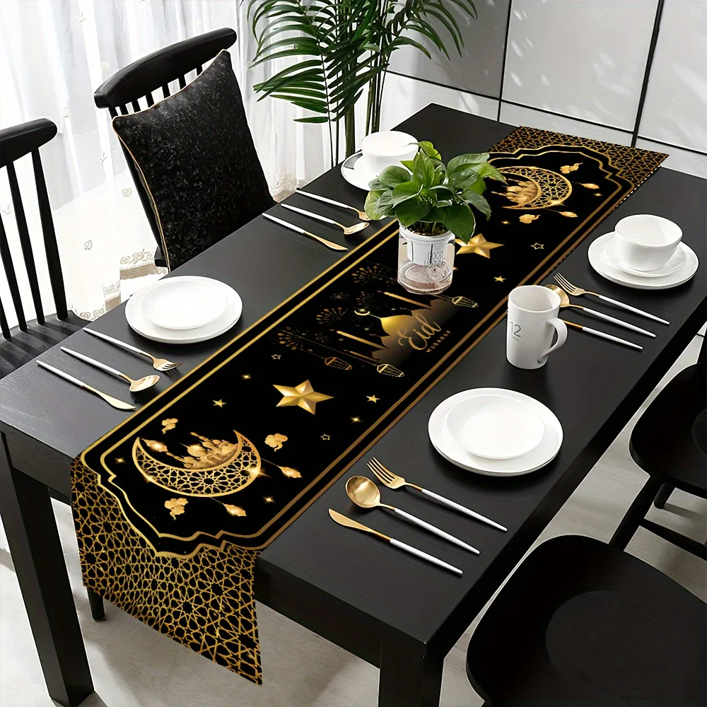 Ramadan Lantern Table Runner - Islamic Architecture Moon and Star Decorative Table Cover for Eid Mubarak Party