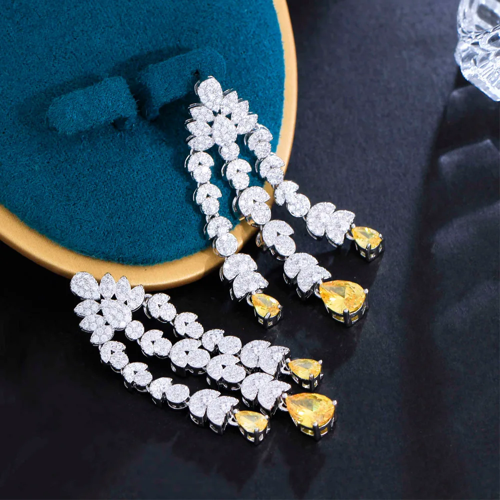 CWWZircons Glitzernde gelbe Wassertropfen-Zirkonsteine, lange, hängende, fransige Kronleuchter-Ohrringe für Damen, Hochzeit, Braut, Großhandel E0951 – Detail 6