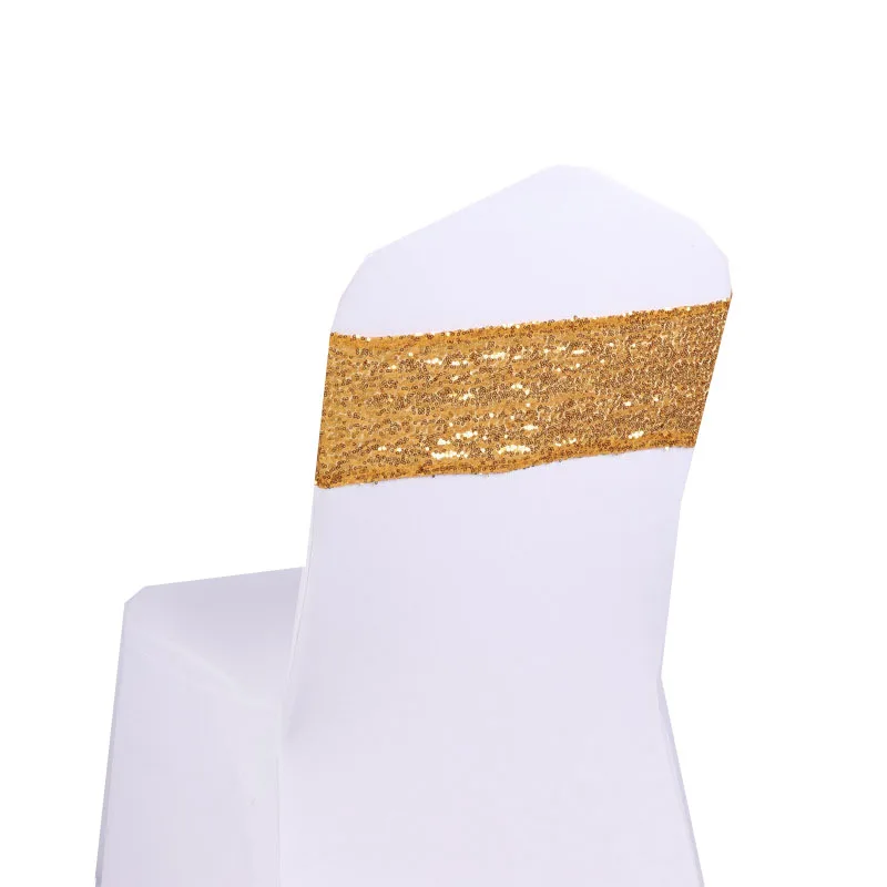 100pcs Shining Gold Silver Spandex Sequin Glitter Chair Sash Elastic Cloth Chair Bands Bow Ties Wedding Party Banquet Supply