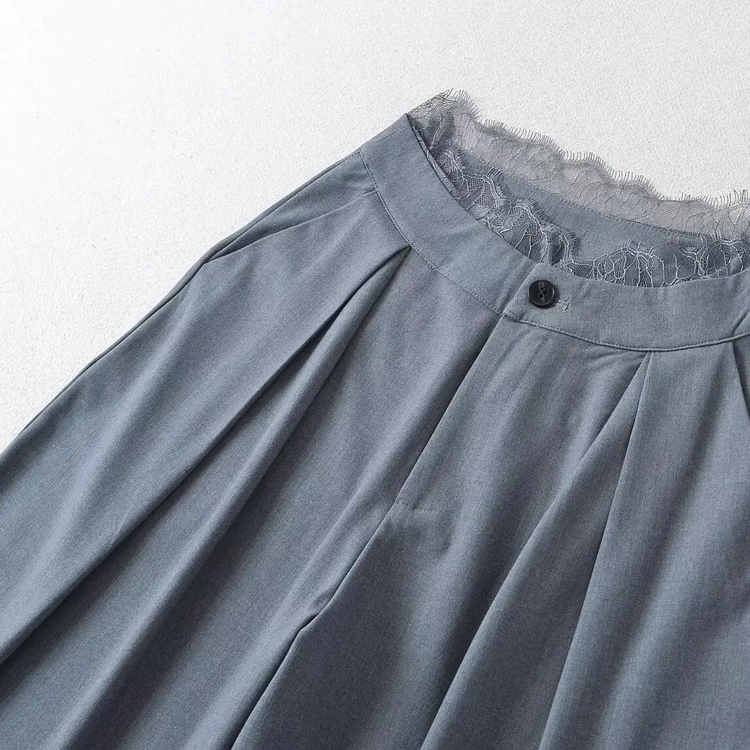 High Waist Loose Fit Lace Detailing Casual Straight Leg Trousers Women's Spring Autumn Wide Leg Floor Length Pants