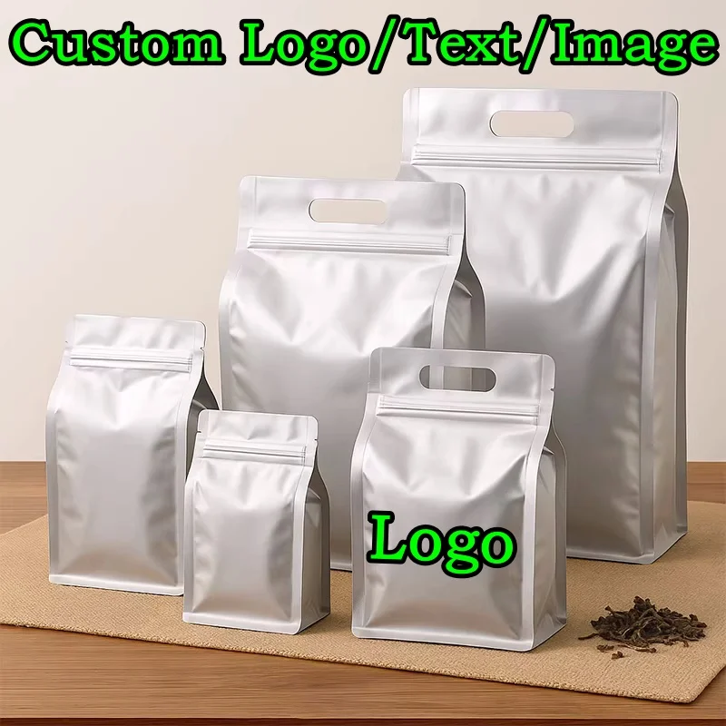 50 Stück 3D-Stehbeutel aus Aluminiumfolie mit Reißverschluss, DIY-Logo, für Kakao, Matcha, Kaffee, Tee, Rindfleisch, Datteln, Snacks, Süßigkeiten, Zucker, Geschenke, Aufbewahrungsbeutel