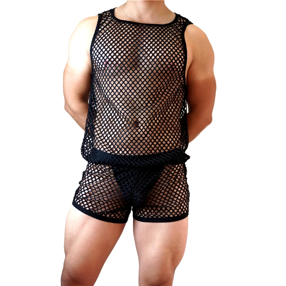 

JOCKMAIL Men Tank Tops Shorts Set Mesh Hollow Out Male Summer Men Underwear Boxer Home Shorts Beach Shorts Dance Performance