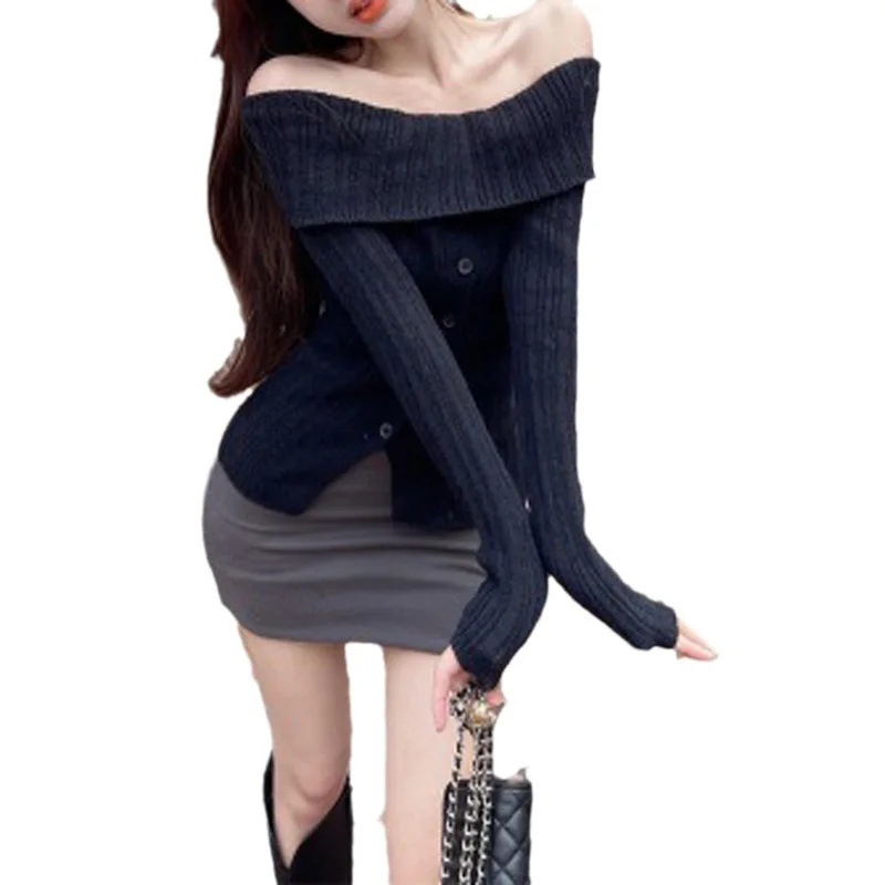 2024 Gentle Style Temperament Slit Knitted Sweater Autumn Spicy Girl Long Sleeved One Shoulder Sweater Jacket