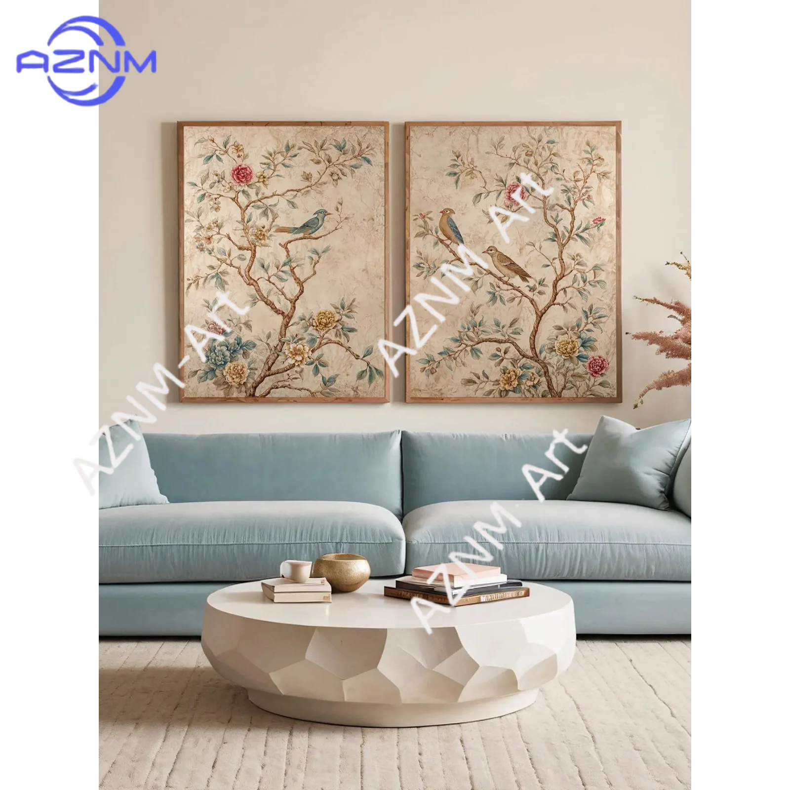 1/2Pcs  Set of Two Neutral Chinoiserie Panel Birds & Flowers Print: 2 Vintage Japanese Tapestry Wall Art, Asian Silk Textile