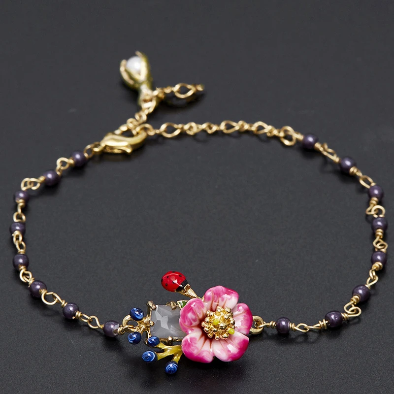 French Temperament Beautiful Enamel Glaze Pink Rose Flower Ladybug White Jade Black Purple Pearl Bracelet Wedding Party Palace