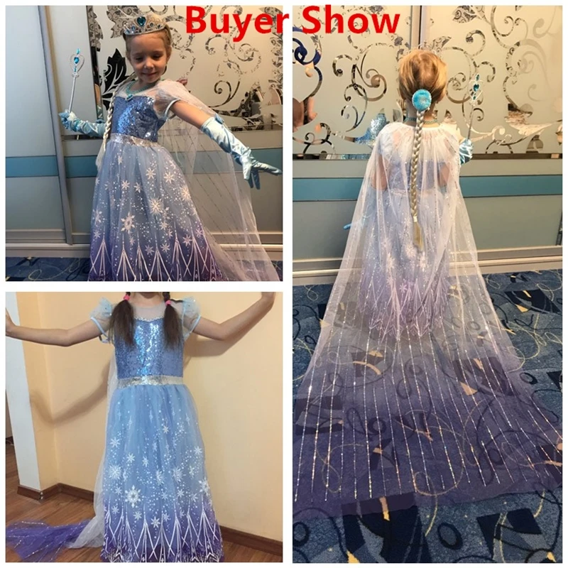 Elsa Girls Princess Costumes Children Elsa Sequins Fantasy Kids Cosplay Frozen Snow Queen Clothes Halloween Carnival Party Dress