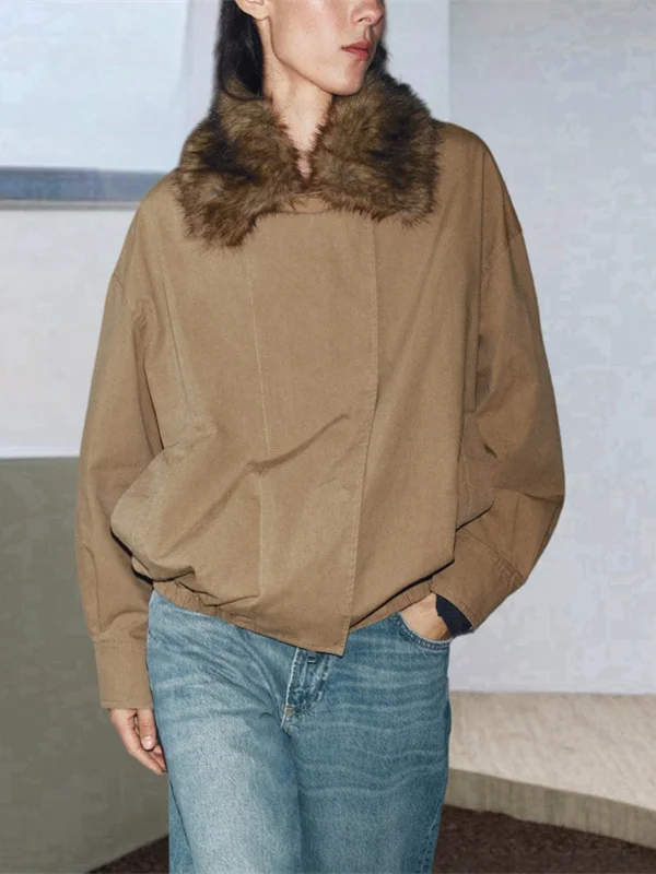 عارضة Sle الفراء الاصطناعي طوق الطيار Jaet جديد الخريف المرأة Faion ملابس خارجية سستة إغلاق طويل Sve اللون