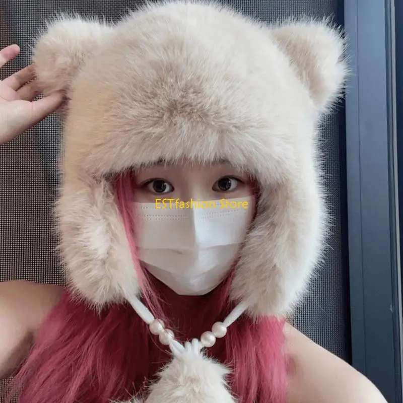 Y5GC Gorro grueso invierno con forma oreja oso, gorro trampero para esquiar y caminar para adultos