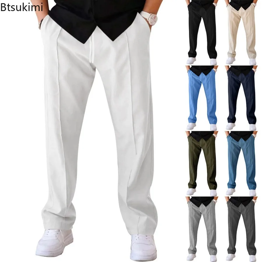 

New 2025 Men's Loose Casual Trousers Solid Color Elastic Waist Drawstring Straight Pants Male Running Joggers Pockets Sweatpants