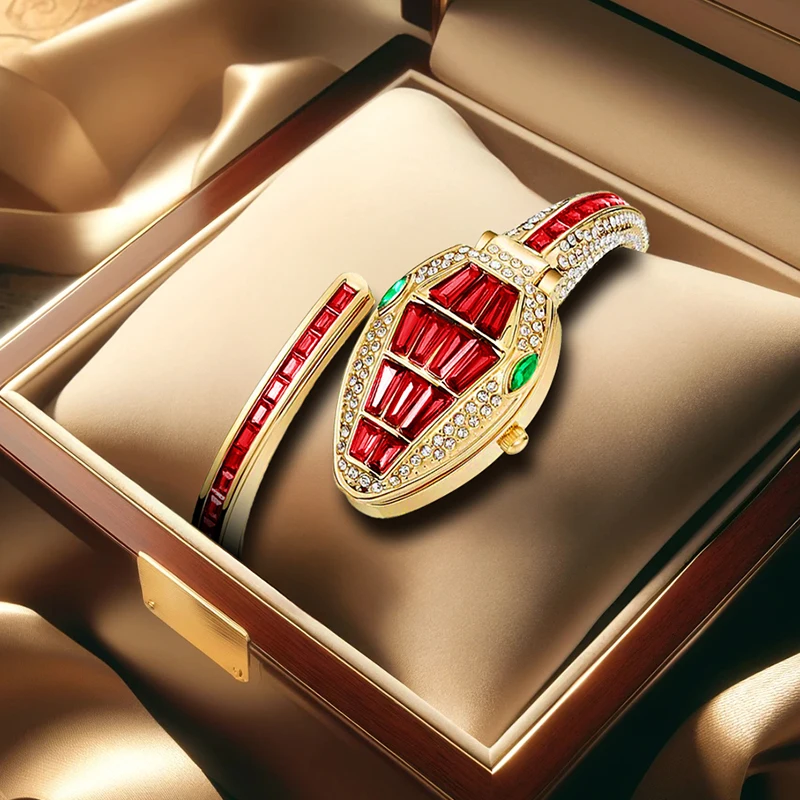 

Женские золотисто-красные классические легкие роскошные кварцевые часы со стальным ремешком и змеиным узором.