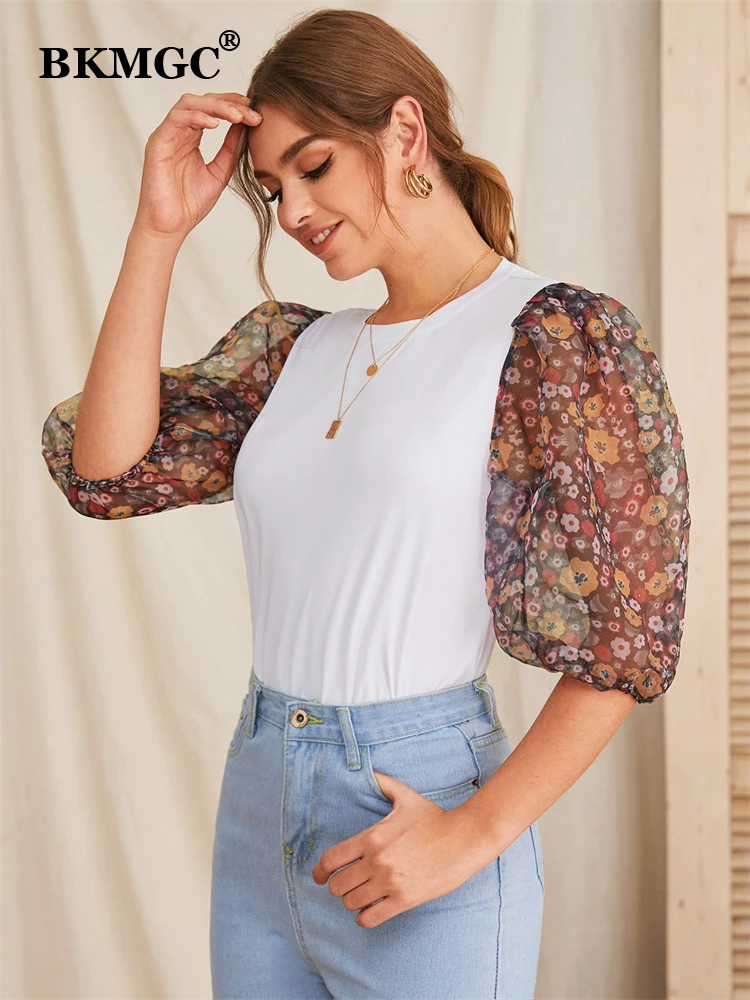 Bkmgc Wit Vrouwen Blouse Slim Fit Half Bladerdeeg See-Through Foral Bloemen Print Chiffon Mouwen O Nek Herfst Trui shirt #5022