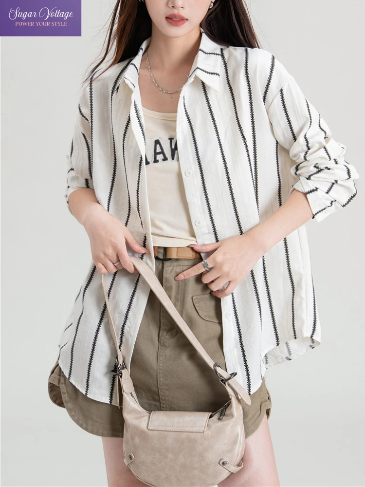 

Korean Loose Striped Shirt Women Autumn Casual Blouse Oversized Long Sleeve Turn Down Collar Top French Chic Office Lady Clothes