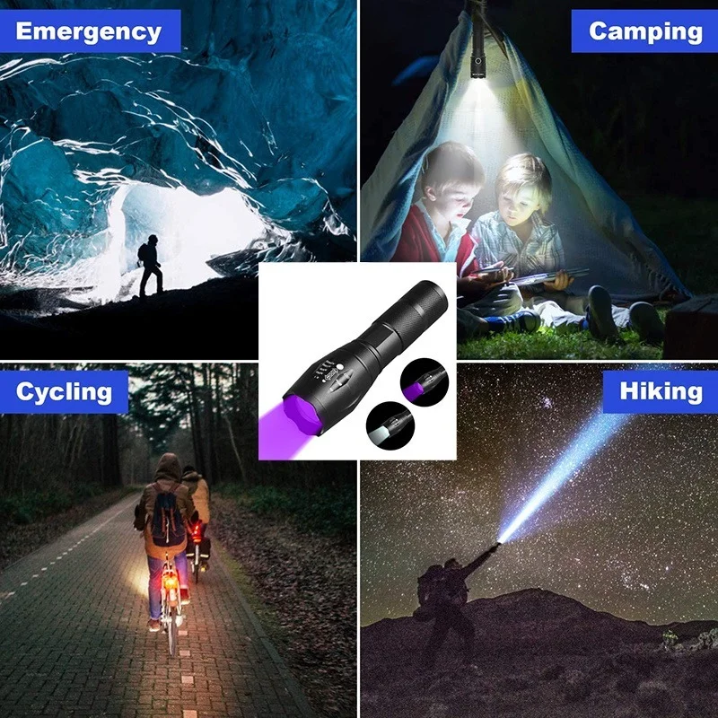 Purple White Dual Light Flashlight LED Ultraviolet Torch Zoom Retractable Flashlight Lamp Fluorescent Agent Detection Flashlight