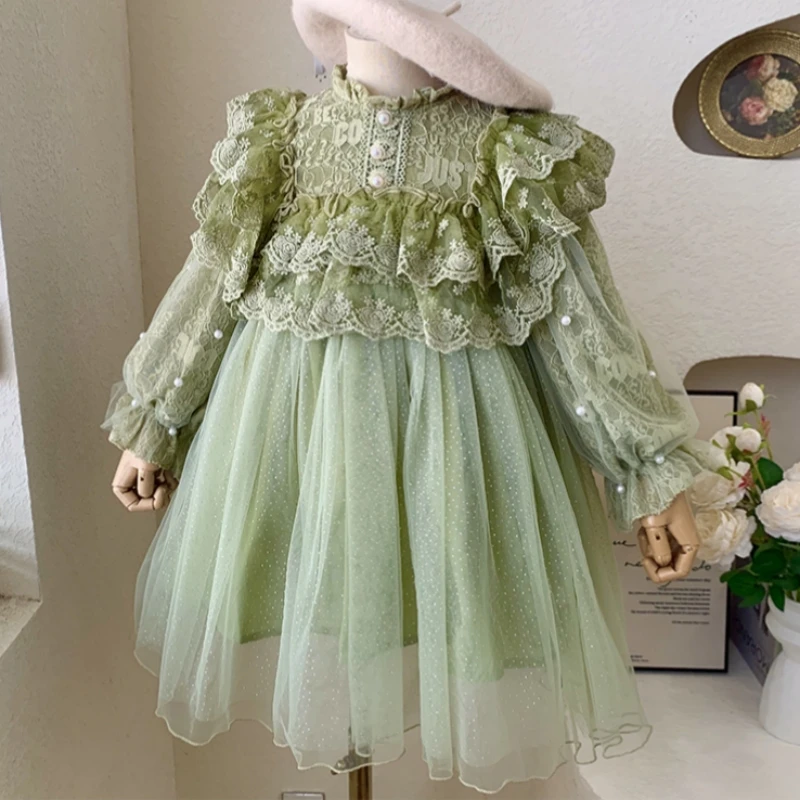 子供用長袖パッチワークレースドレス、プリンセスボールガウン、子供用パーティードレス、ベビーガール、2、3、4、6、8、10、12年、秋、春、2022