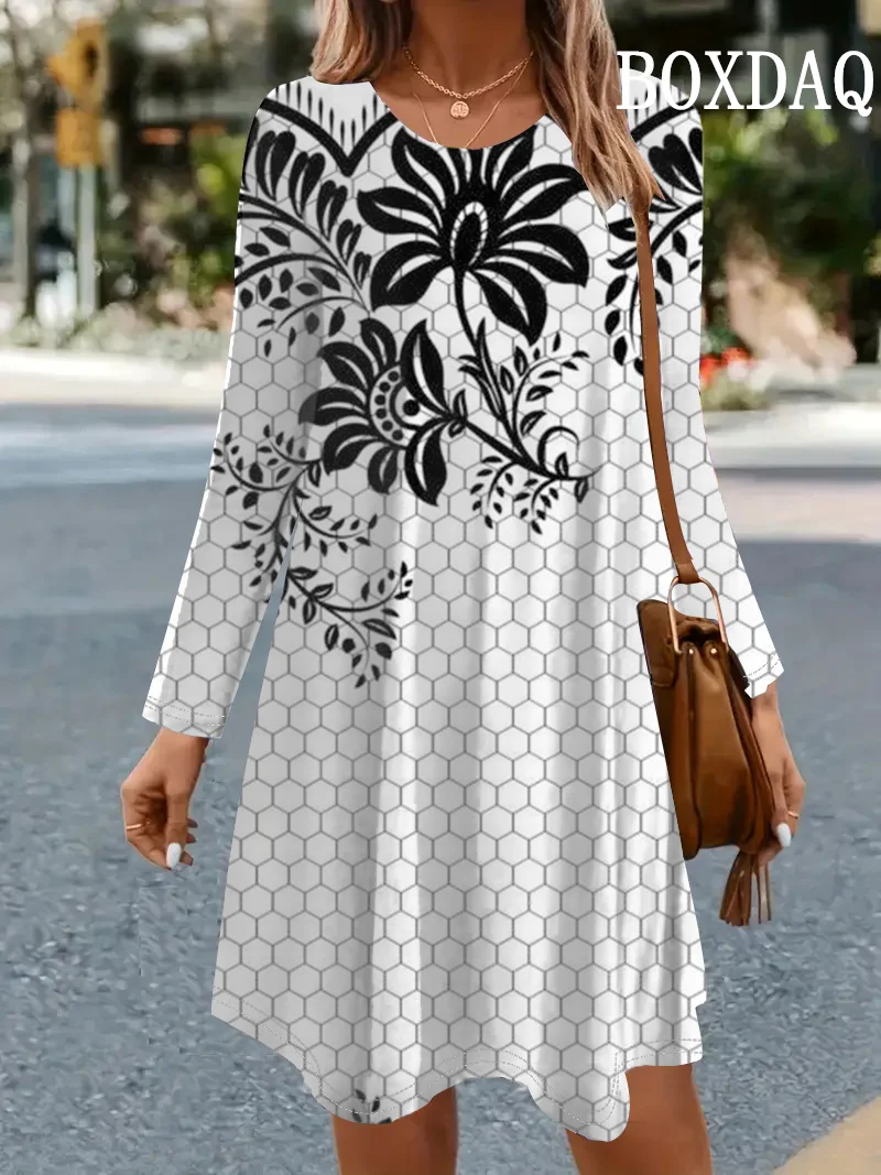 Women Casual O Neck Mini Dress Elegant Retro Printed Long Sleeve Casual Loose A-Line Dress Ladies Fashion Autumn Dresses Vestido