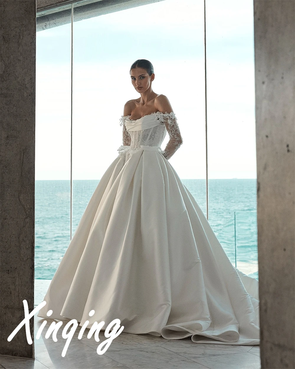 Customized Fashion Lace Wedding Dresses Dreamy Off the Shoulder Heavy Industry Wedding Dresses Lace Up Back Wedding Guest